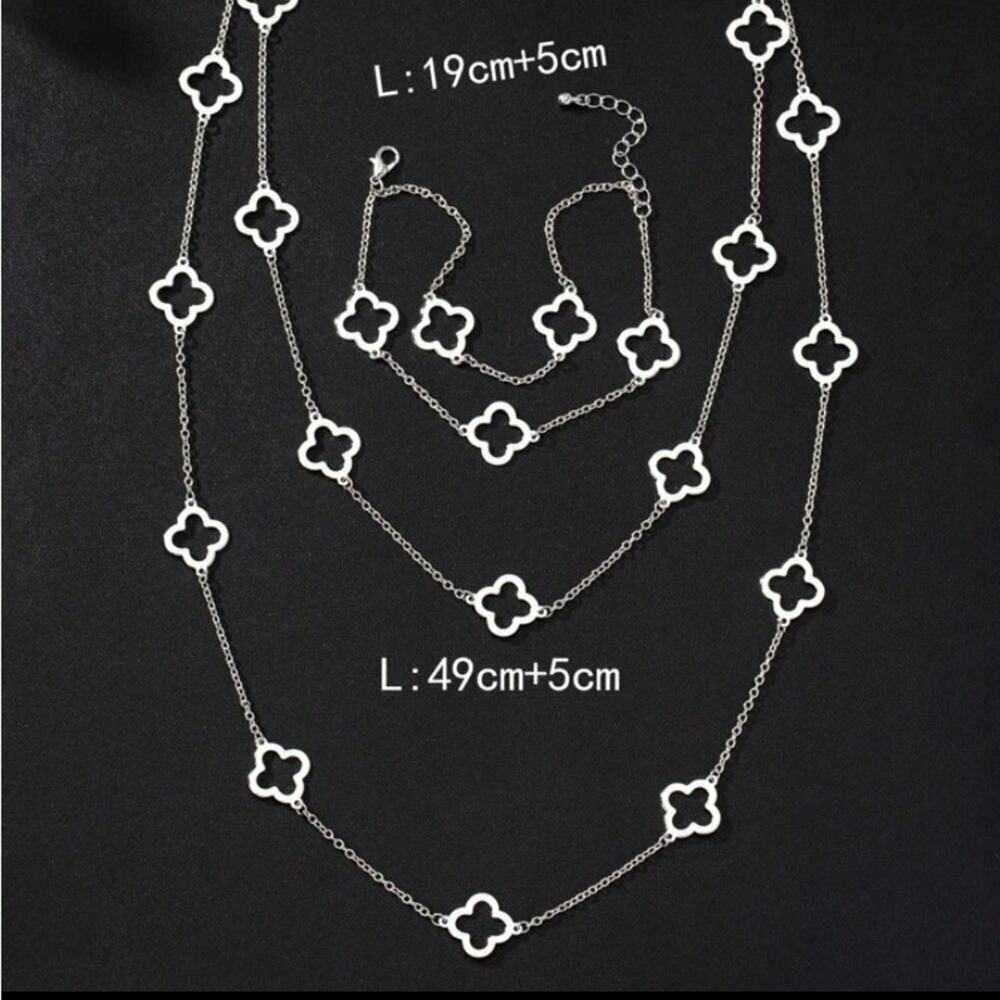 Silver Four Leaf  Necklace Bracelet Set Luxury Two Piece Set - Picture 4 of 4